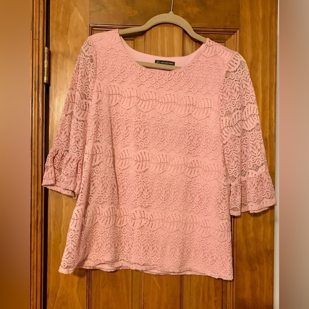 Adrianna Papell Pink Lace Bell-Sleeve Blouse
